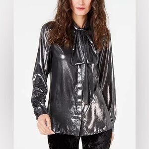 Michael Michael Kors Silver Metallic Shirt Foil-Coated Tie-Detail Shirt SzM